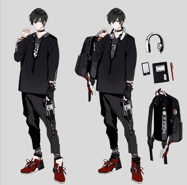 1boy, ayn_(for_all_time), backpack, bag, bag_charm, baggy_pants, black_bag, black_choker, black_gloves, black_hair, black_pants, black_shirt, black_socks, cellphone, charm_(object), choker, clenched_hand, closed_mouth, expressionless, fingerless_gloves, for_all_time, full_body, gloves, grey_background, hair_between_eyes, headphones, holding, holding_bag, long_sleeves, looking_at_viewer, male_focus, nineo, notebook, official_art, pants, pen, phone, red_eyes, red_footwear, reference_sheet, shirt, shoes, short_hair, simple_background, single_glove, smartphone, sneakers, socks, standing, v-neck, variations, watch, watch
