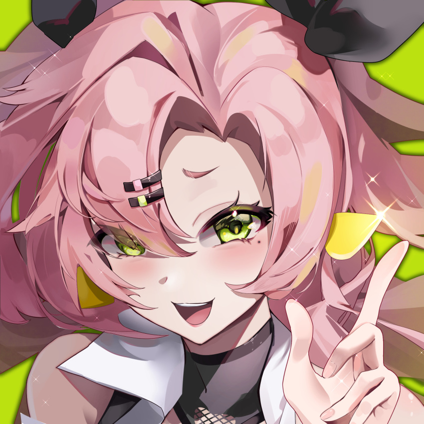 1girl, bare_shoulders, black_ribbon, blush, breasts, close-up, collared_jacket, detached_sleeves, fangwan, green_eyes, hair_ornament, hair_ribbon, highres, jacket, long_hair, looking_at_viewer, mole, mole_under_eye, nicole_demara, pink_hair, ribbon, solo, two_side_up, upper_body, zenless_zone_zero