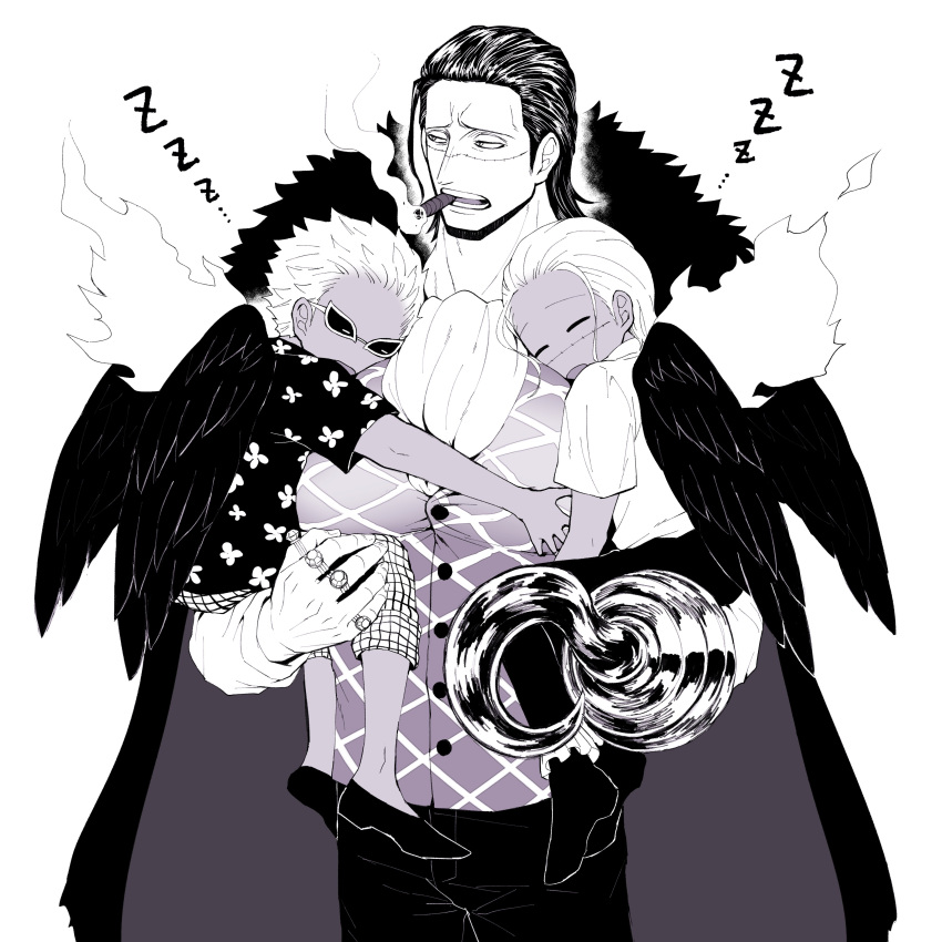3boys, absurdres, age_difference, ascot, black_coat, black_hair, black_shirt, black_wings