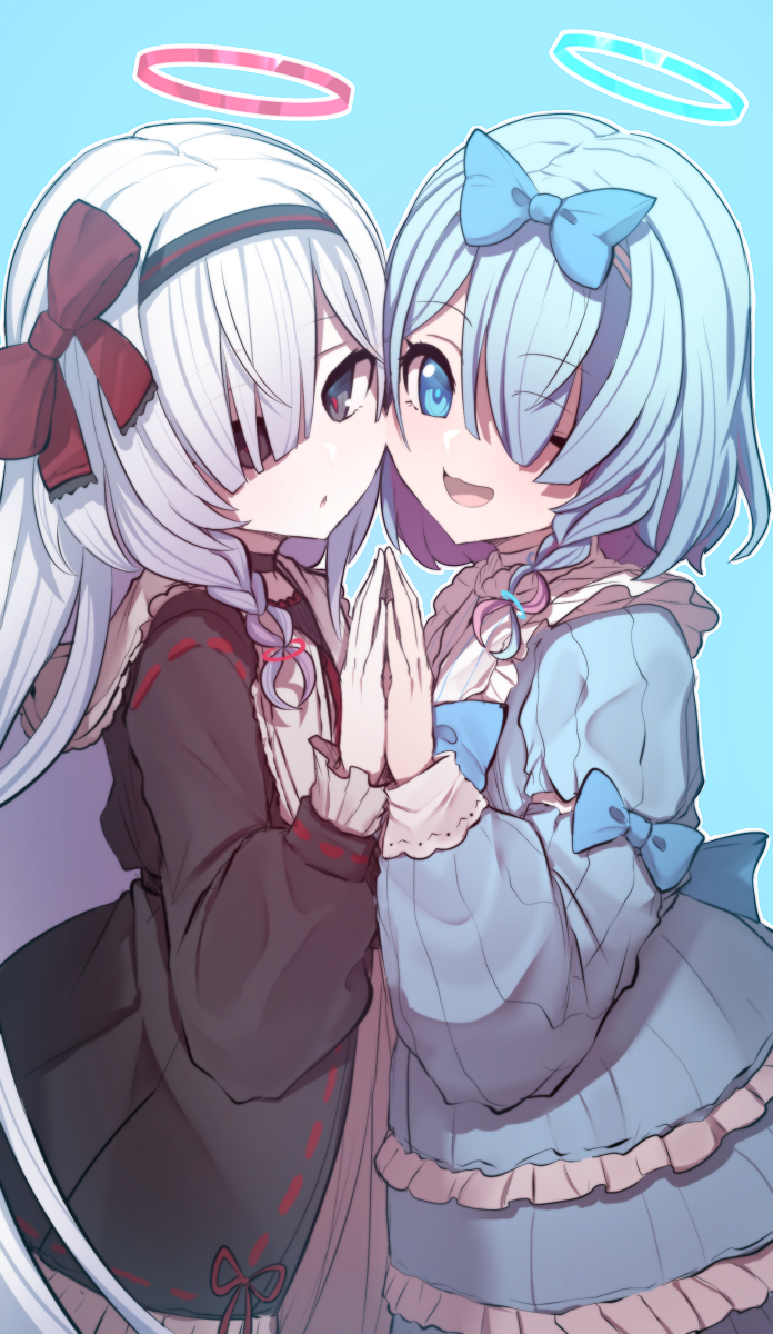 2girls, arona_(blue_archive), black_dress, black_eyes, black_hairband, blue_archive, blue_background, blue_bow