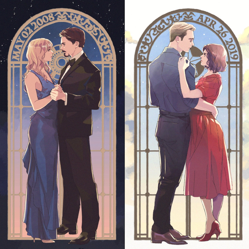2boys, 2girls, avengers:_endgame, avengers_(series), bare_shoulders, belt, black_belt, black_bow