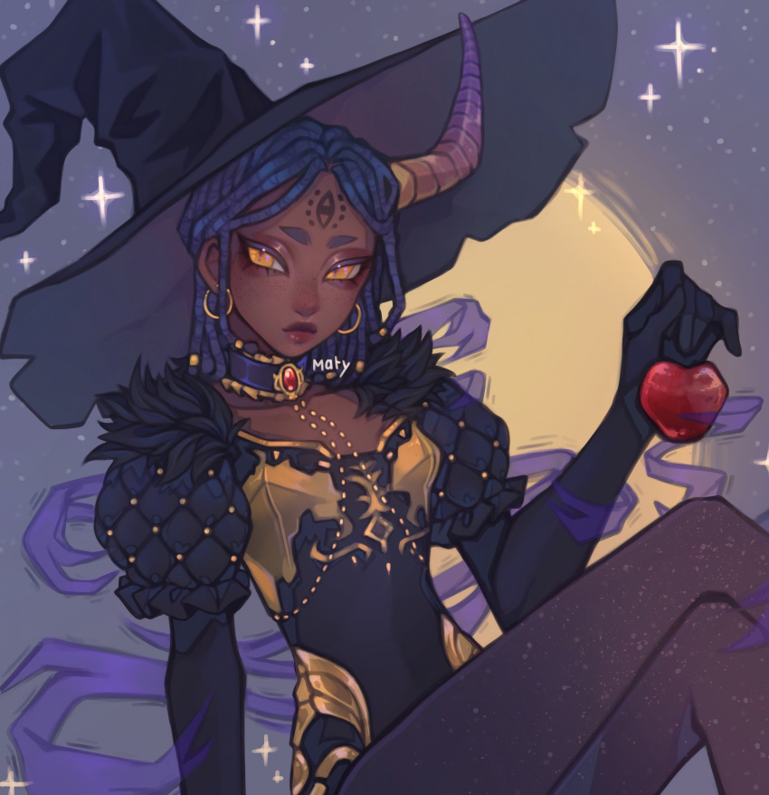 absurdres, apple, black_gloves, black_pantyhose, blue_hair, breasts, collar, commentary