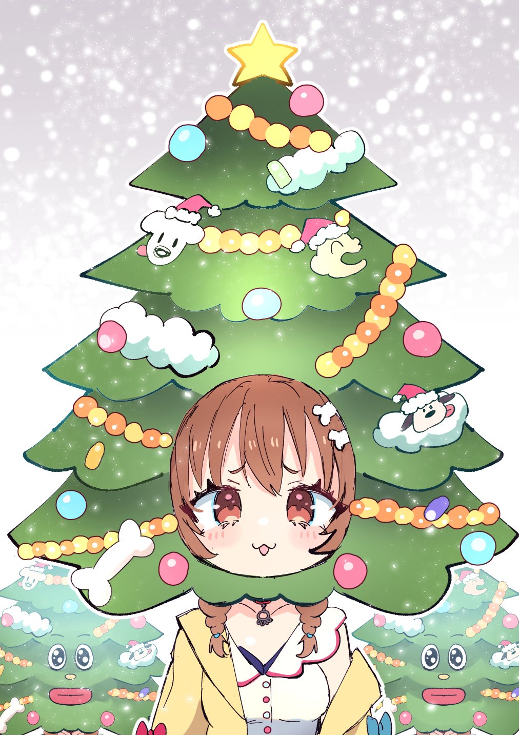1girl, :3, bone_hair_ornament, braid, brown_hair, buttons, christmas_ornaments, christmas_tree