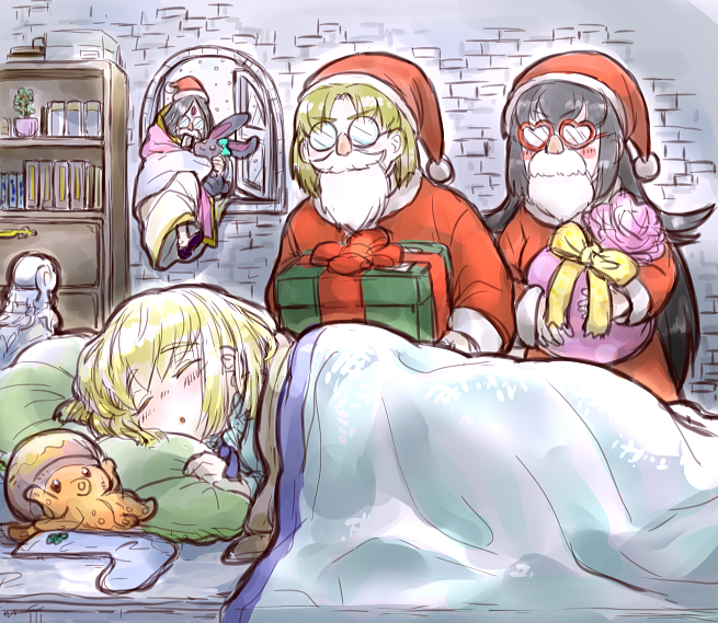1boy, 3girls, aged_down, black_hair, blonde_hair, blush, box, breasts