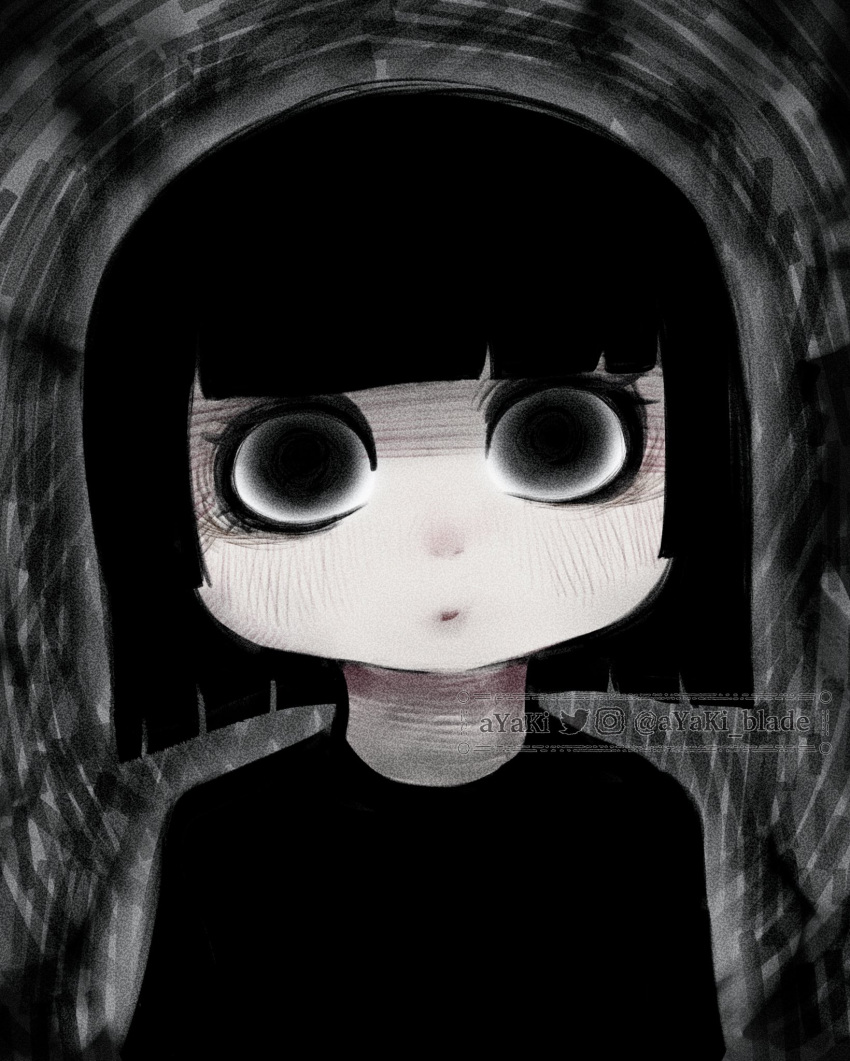 1girl, abysse_(ayaki_blade), artist_name, ayaki_blade, black_eyes, black_hair, bob_cut, child