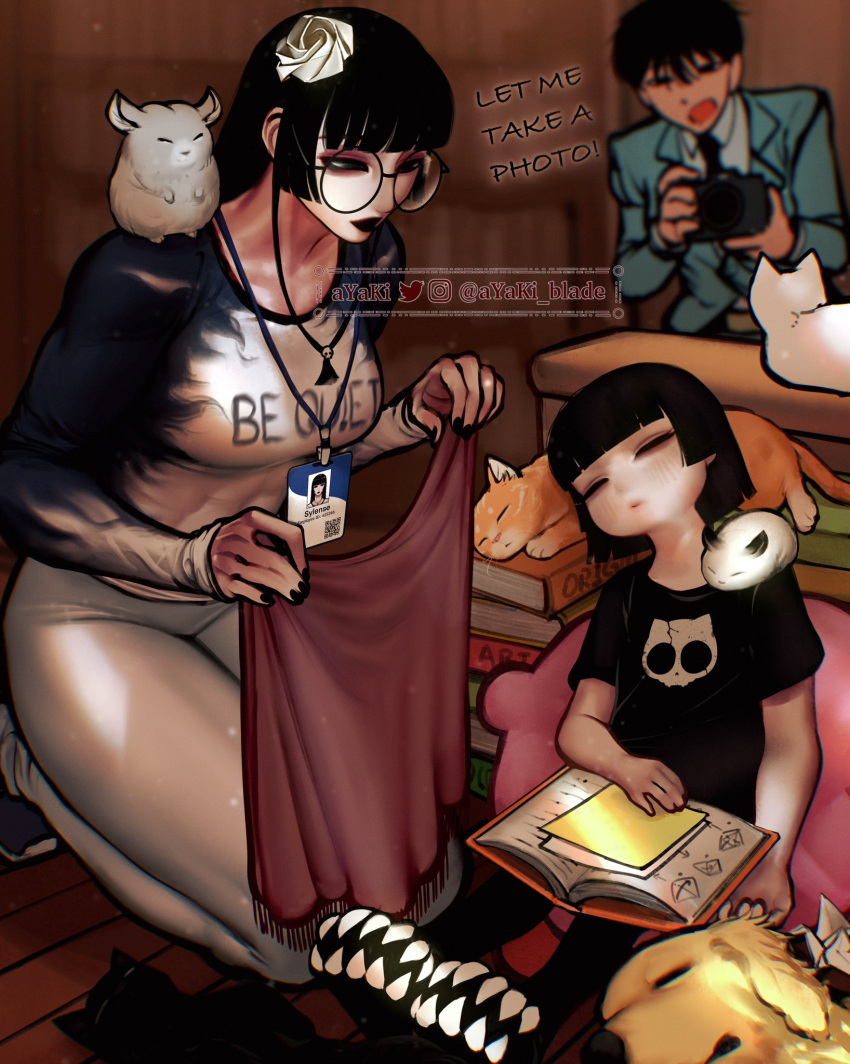 3girls, abysse_(ayaki_blade), animal_on_shoulder, aqua_suit, ayaki_blade, black_lips, black_necktie, blanket, blunt_bangs, bob_cut, book, book_stack, breasts, camera, cat, child, chinchilla_(animal), commentary, covered_abs, dog, english_commentary, english_text, glasses, highres, holding, holding_blanket, holding_camera, lipstick, long_hair, makeup, medium_breasts, medium_hair, mixed-language_commentary, multiple_girls, necktie, open_mouth, origami, original, paper_crane, round_eyewear, seiza, short_hair, siblings, sisters, sitting, sleeping, sleeves_past_wrists, suit, sylense_(ayaki_blade), tomoka_(ayaki_blade), wooden_floor