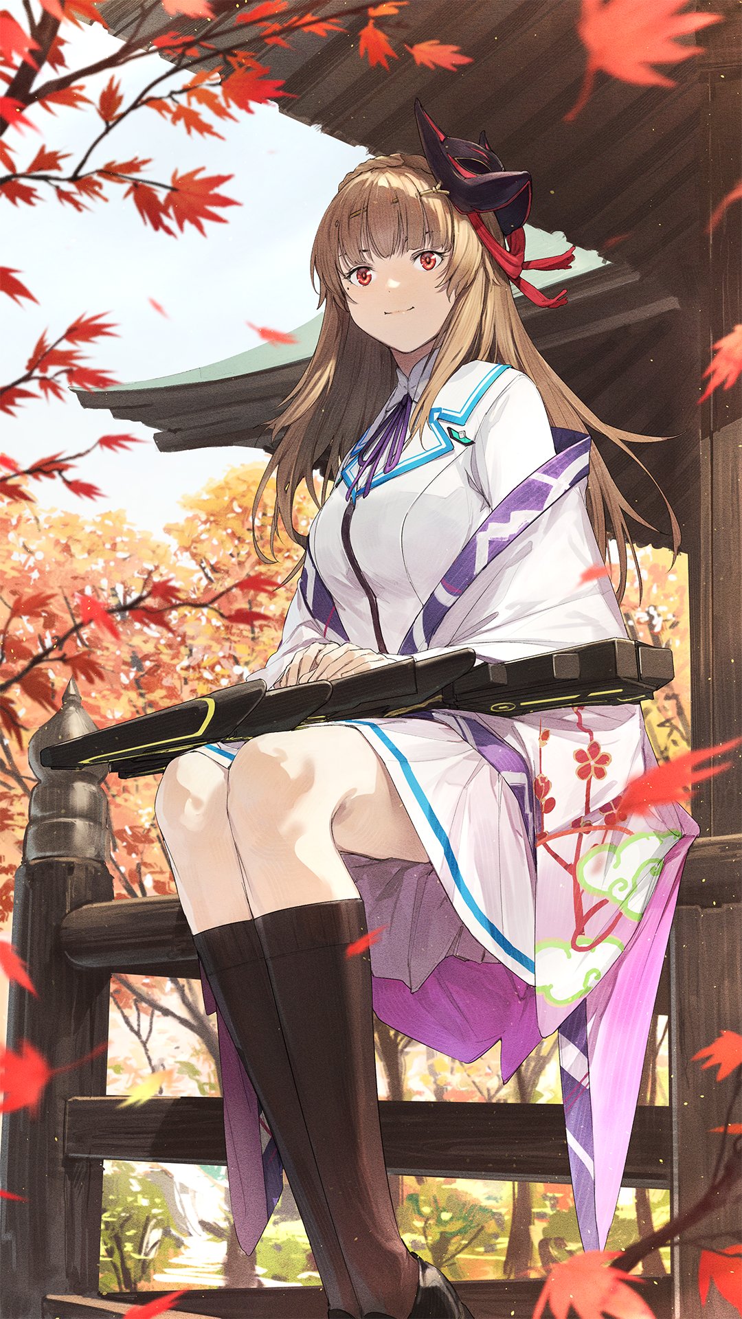 1girl, braid, breasts, brown_hair, fox_mask, heaven_burns_red, highres, japanese_clothes
