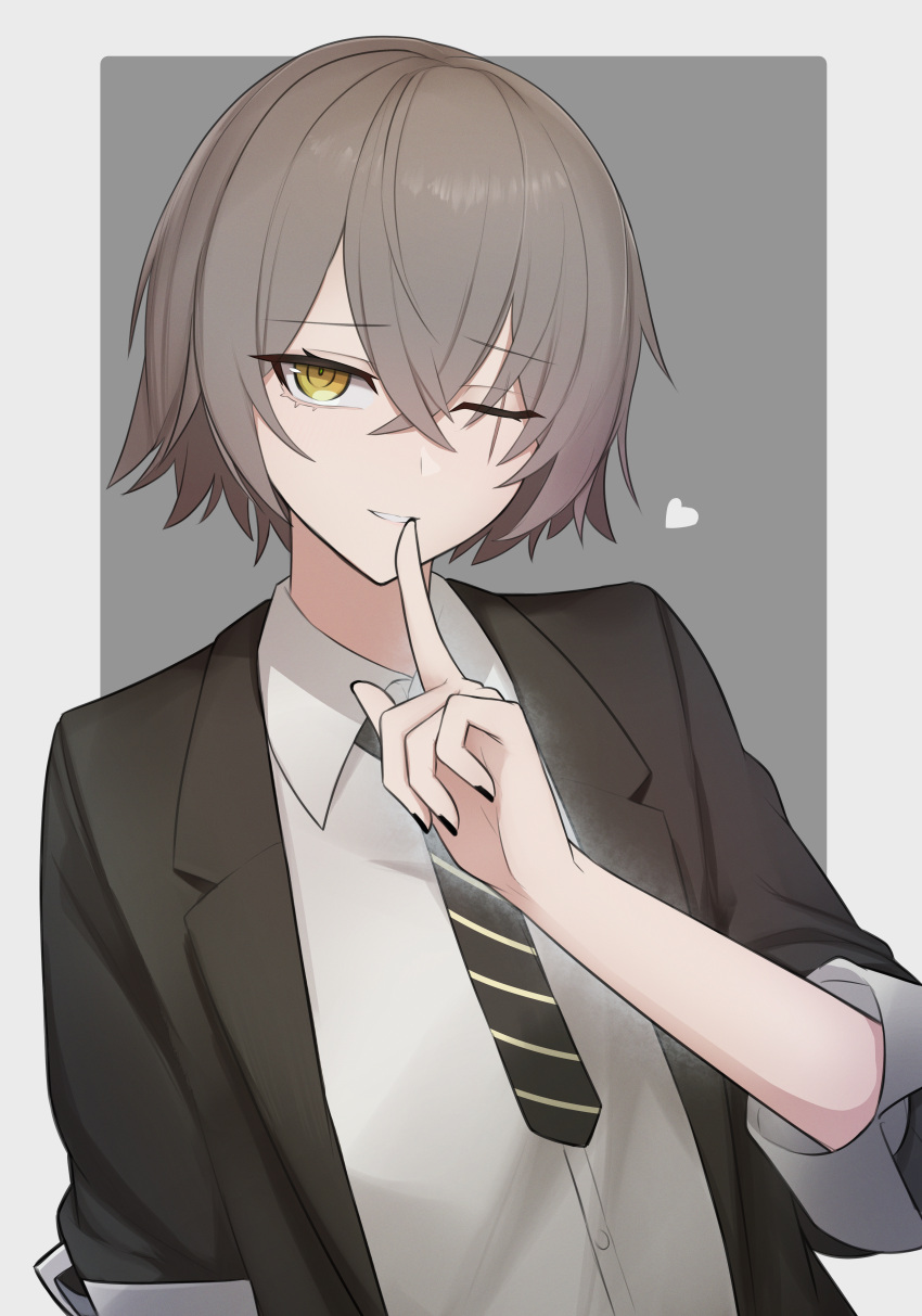 1girl, absurdres, black_jacket, black_nails, black_necktie, brown_hair, collared_shirt, finger_to_mouth, girls'_frontline_2:_exilium, girls_frontline, grey_background, heart, highres, jacket, looking_at_viewer, necktie, one_eye_closed, open_clothes, open_jacket, parted_lips, re1kirisaki342, scar, scar_across_eye, scar_on_face, shirt, short_hair, smile, solo, striped_necktie, two-tone_background, ump45_(girls'_frontline), upper_body, white_background, white_shirt, yellow_eyes