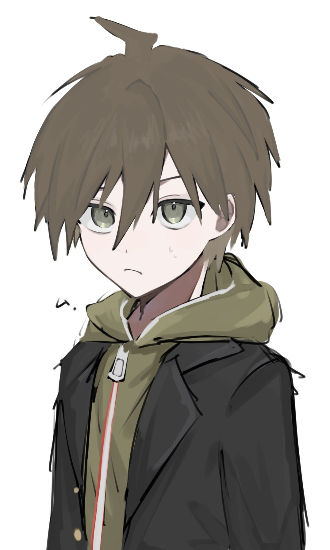 1boy, ahoge, black_jacket, brown_eyes, brown_hair, danganronpa:_trigger_happy_havoc, danganronpa_(series), green_jacket, grey_background, highres, hood, hood_down, hooded_jacket, jacket, male_focus, naegi_makoto, nian_(u7l1s), open_clothes, open_jacket, short_hair, simple_background, solo, upper_body