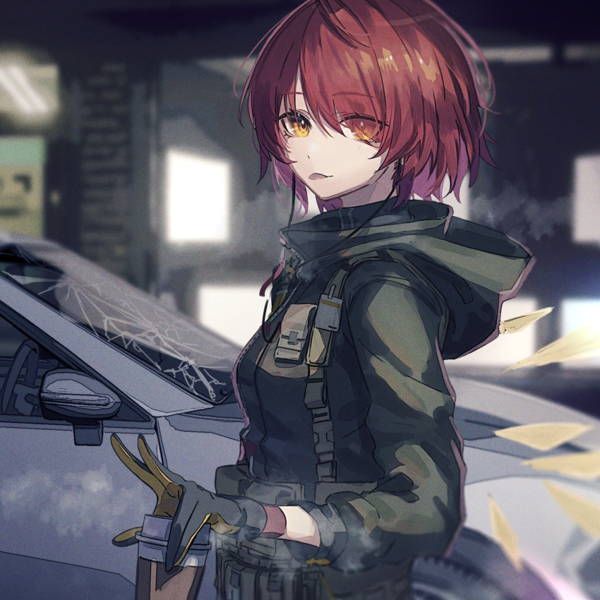 1girl, :p, ahoge, alternate_costume, ammunition_pouch, arknights, belt_pouch, black_hood