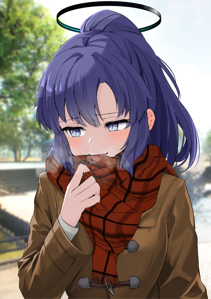 1girl, absurdres, alternate_costume, awnw, blue_archive, blush, brown_coat, closed_mouth, coat, day, halo, highres, long_hair, long_sleeves, mechanical_halo, outdoors, ponytail, purple_hair, red_scarf, scarf, solo, tree, upper_body, violet_eyes, yuuka_(blue_archive)