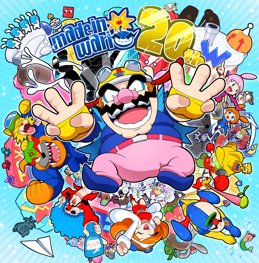 3girls, 6+boys, 9-volt, afro, ana_(warioware), anniversary, blue_hair, cellphone, closed_eyes, dr._crygor, dress, dribble_(warioware), facial_hair, goggles, goggles_on_head, helmet, highres, hoshi_(star-name2000), jimmy_t, kat_(warioware), looking_at_viewer, mona_(warioware), multiple_boys, multiple_girls, mustache, open_mouth, orange_hair, orbulon, pants, paper_airplane, phone, pink_pants, pyoro_(warioware), red_dress, spitz, sunglasses, wario, warioware