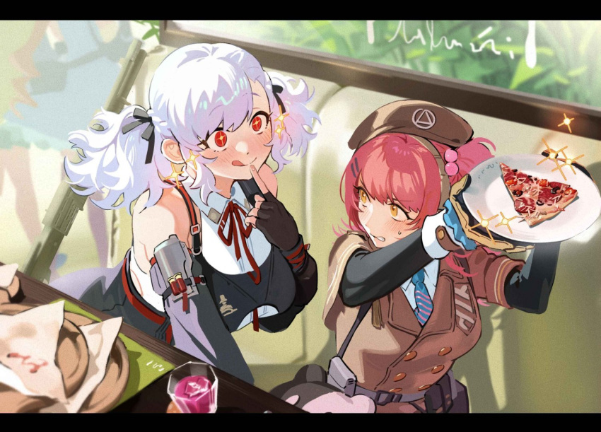 2girls, animal_bag, beret, black_gloves, black_ribbon, blush, breasts, brown_headwear