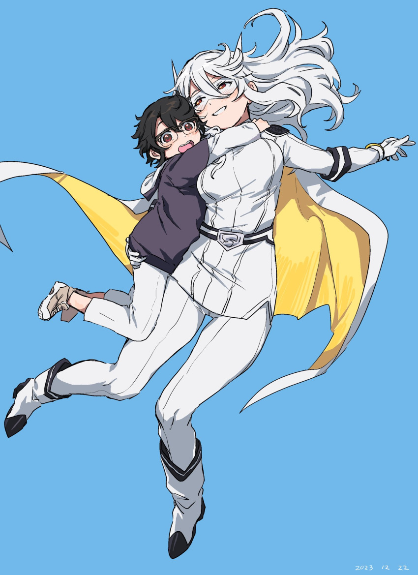 2girls, belt, black_belt, black_footwear, black_shirt, breasts, cape, eye_mask