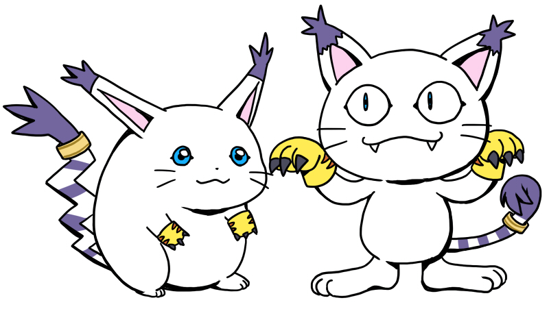 digimon, digimon_(creature), fusion, gloves, meowth, no_humans, pikachu, pokemon, shiki_digi, simple_background, standing, tail, tail_ornament, tail_ring, tailmon, white_background, yellow_gloves