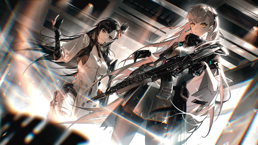 2girls, absurdres, ak-alfa, ak-alfa_(girls'_frontline), assault_rifle, black_gloves, black_hair, breasts