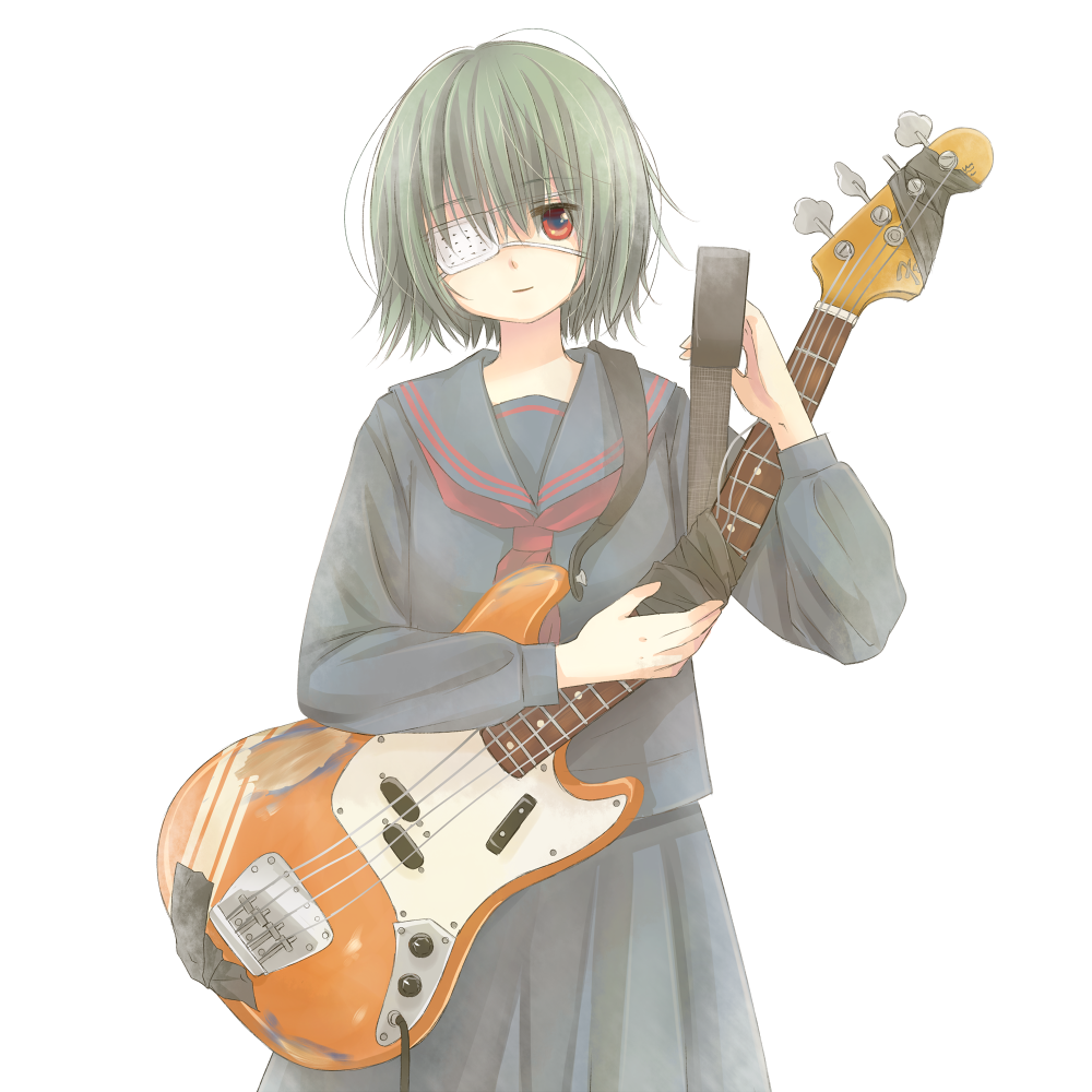 1girl, black_serafuku, black_skirt, broken_guitar, eyepatch, green_hair, guitar, holding