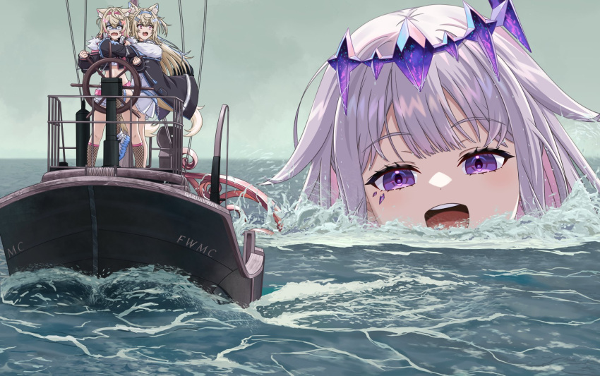 3girls, animal_ears, boat, dog_ears, dog_girl, dog_tail, fuwawa_abyssgard, gardavwar