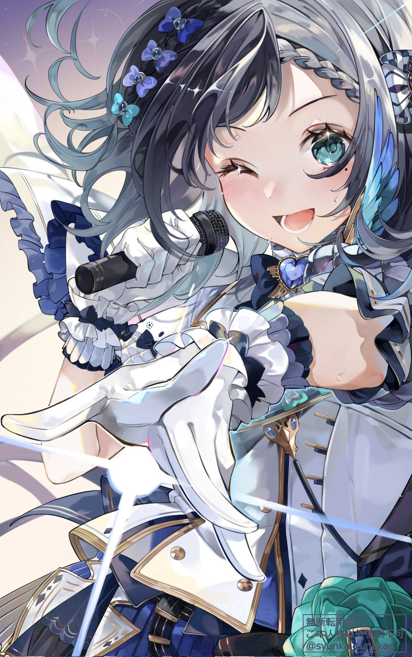 1girl, ;d, aiba_uiha, aiba_uiha_(1st_costume), black_hair, blue_eyes, buttons, double-breasted