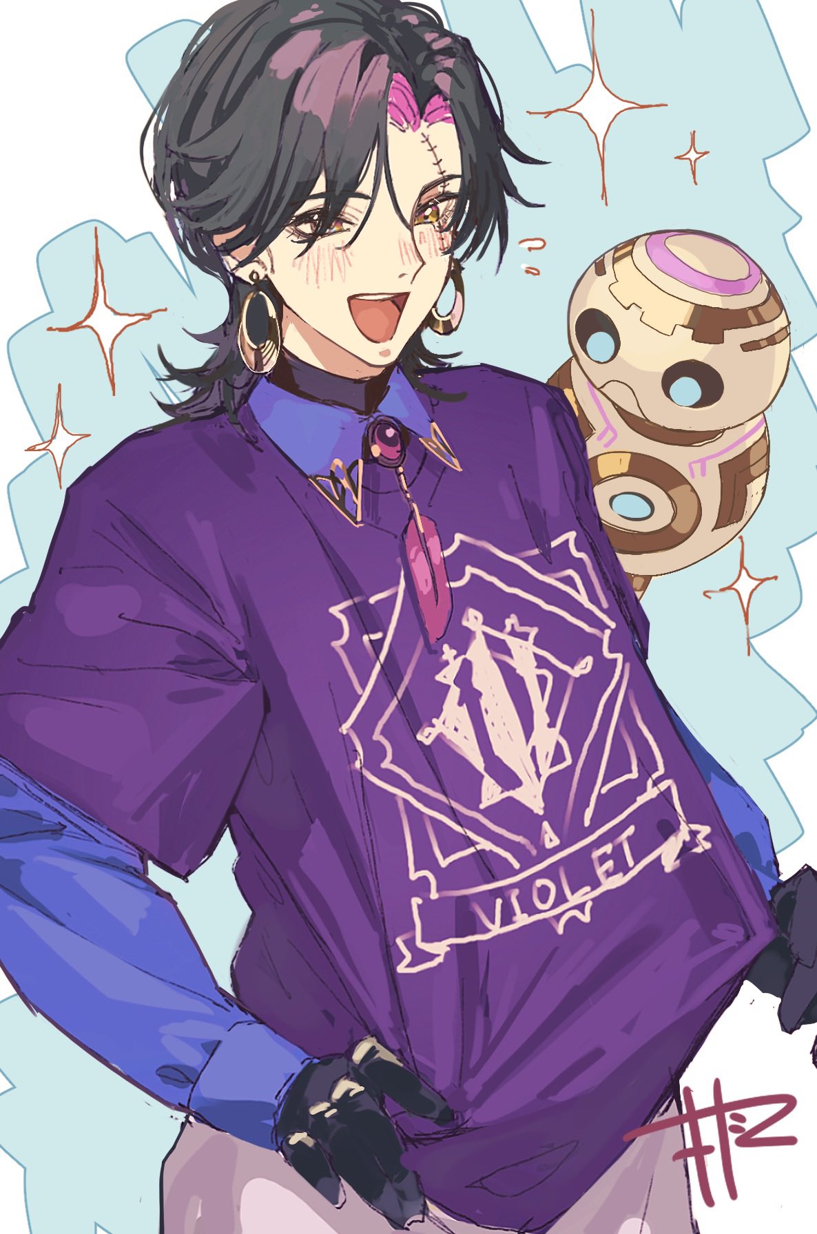 1boy, black_gloves, black_hair, blue_shirt, collared_shirt, earrings, feathers, gloves