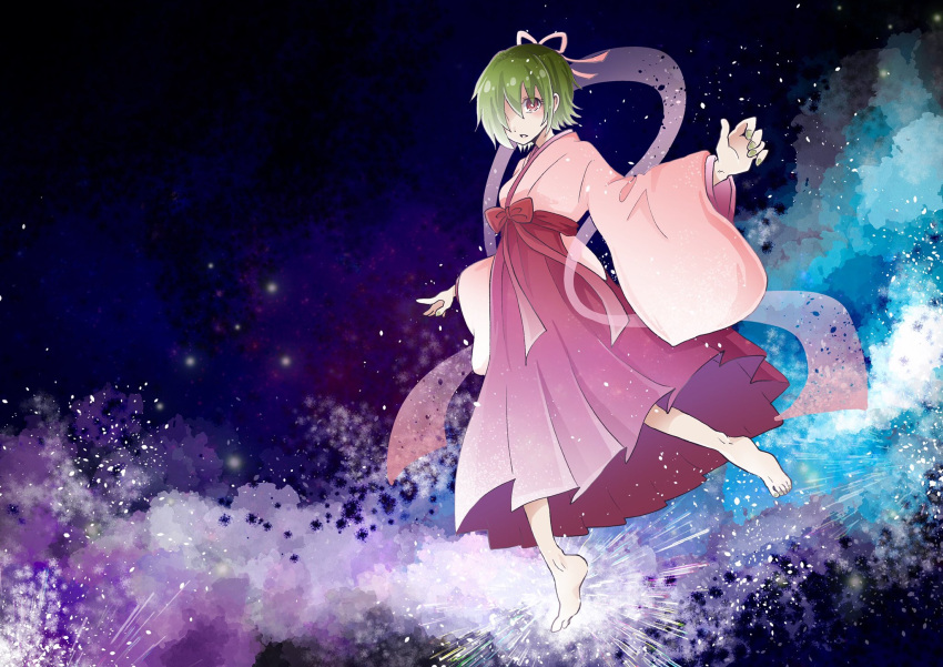 1girl, barefoot, blue_background, green_nails, hair_over_one_eye, hair_ribbon, highres, japanese_clothes, kimono, kurage_nanami, lala_(watashi_no_koko), long_sleeves, nail_polish, official_art, red_eyes, ribbon, short_hair, solo, watashi_no_koko
