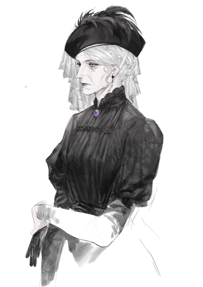 1girl, arm_across_waist, black_dress, black_gloves, black_headwear, black_lips, braid, brooch