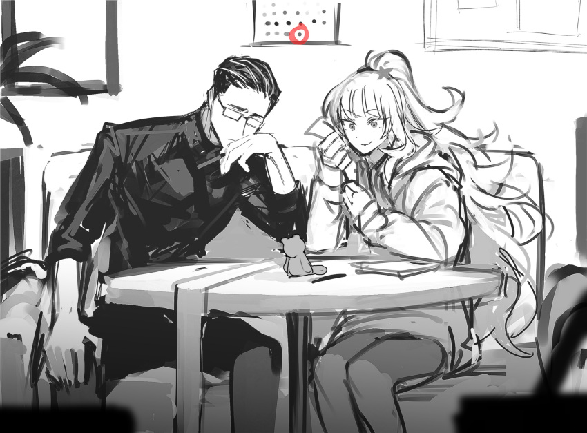 1boy, 1girl, couch, ezra_(project_moon), glasses, hair_slicked_back, high_ponytail, highres