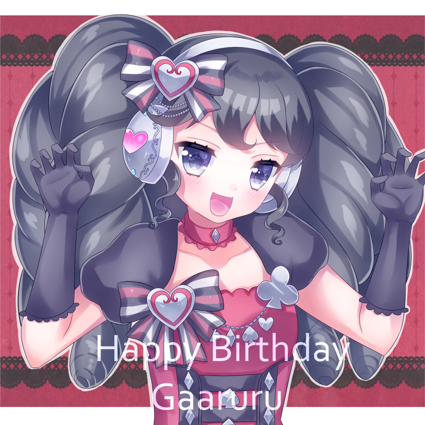 1girl, :d, aki_(akinyaaaaa), black_bow, black_gloves, black_hair, bow, character_name