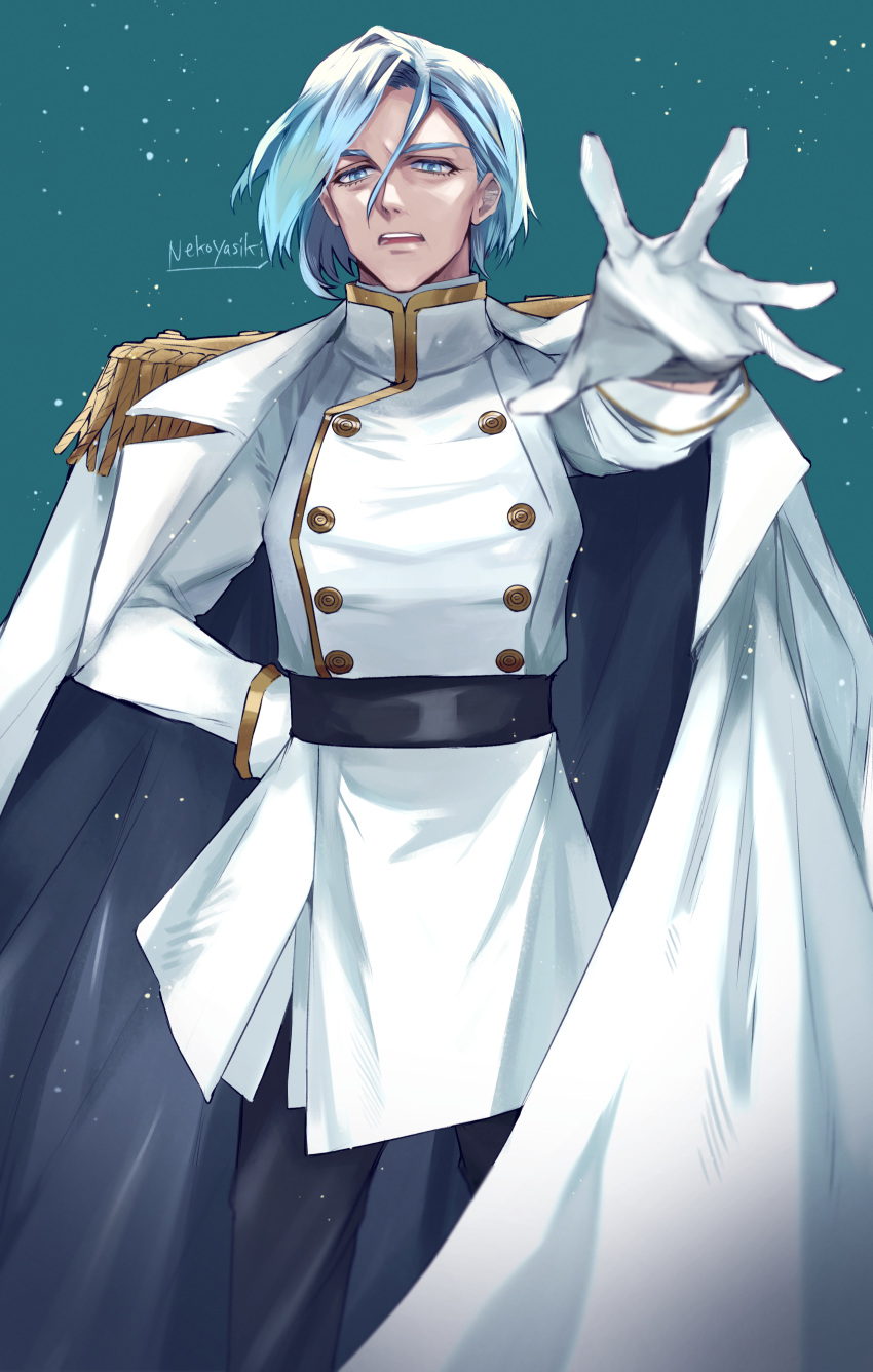 1girl, absurdres, aqua_eyes, aqua_hair, artist_name, captain_ice_cookie, cookie_run, cowboy_shot