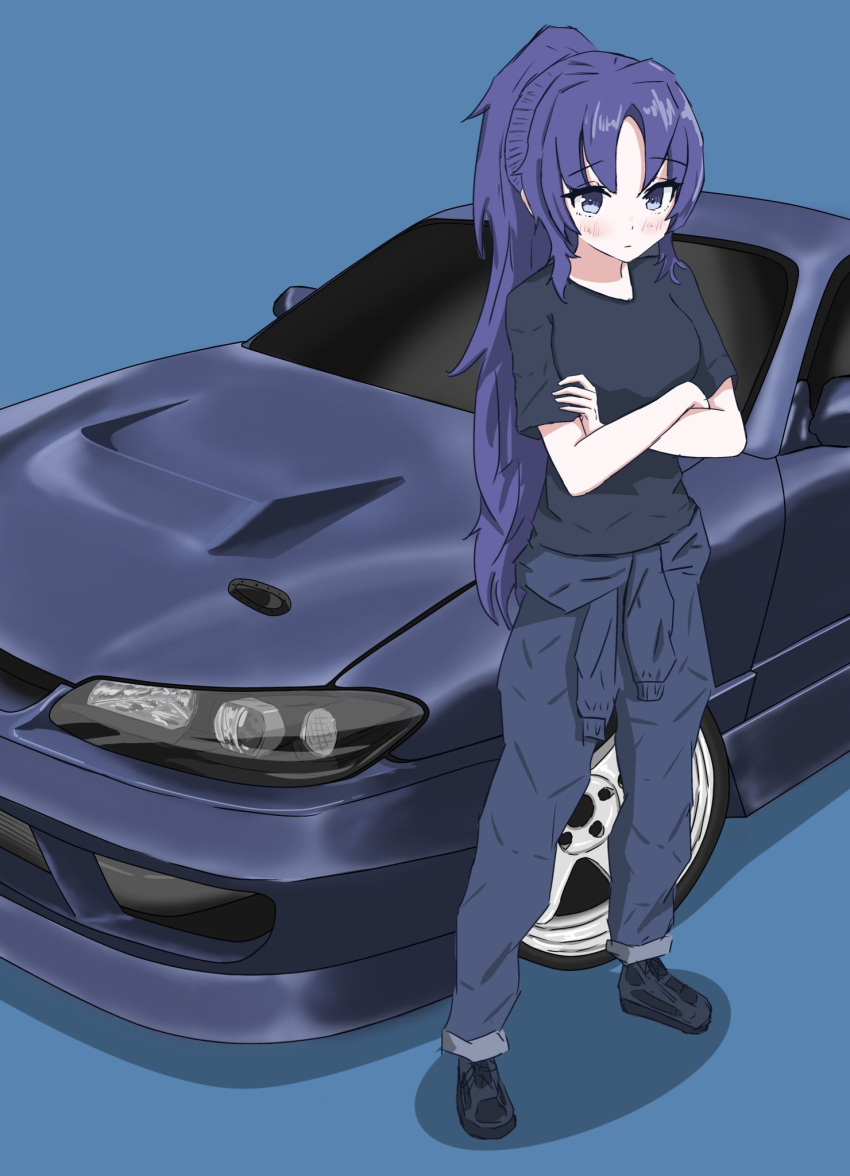 1girl, black_shirt, blue_archive, blue_eyes, blue_footwear, blue_hair, blue_jumpsuit, blush