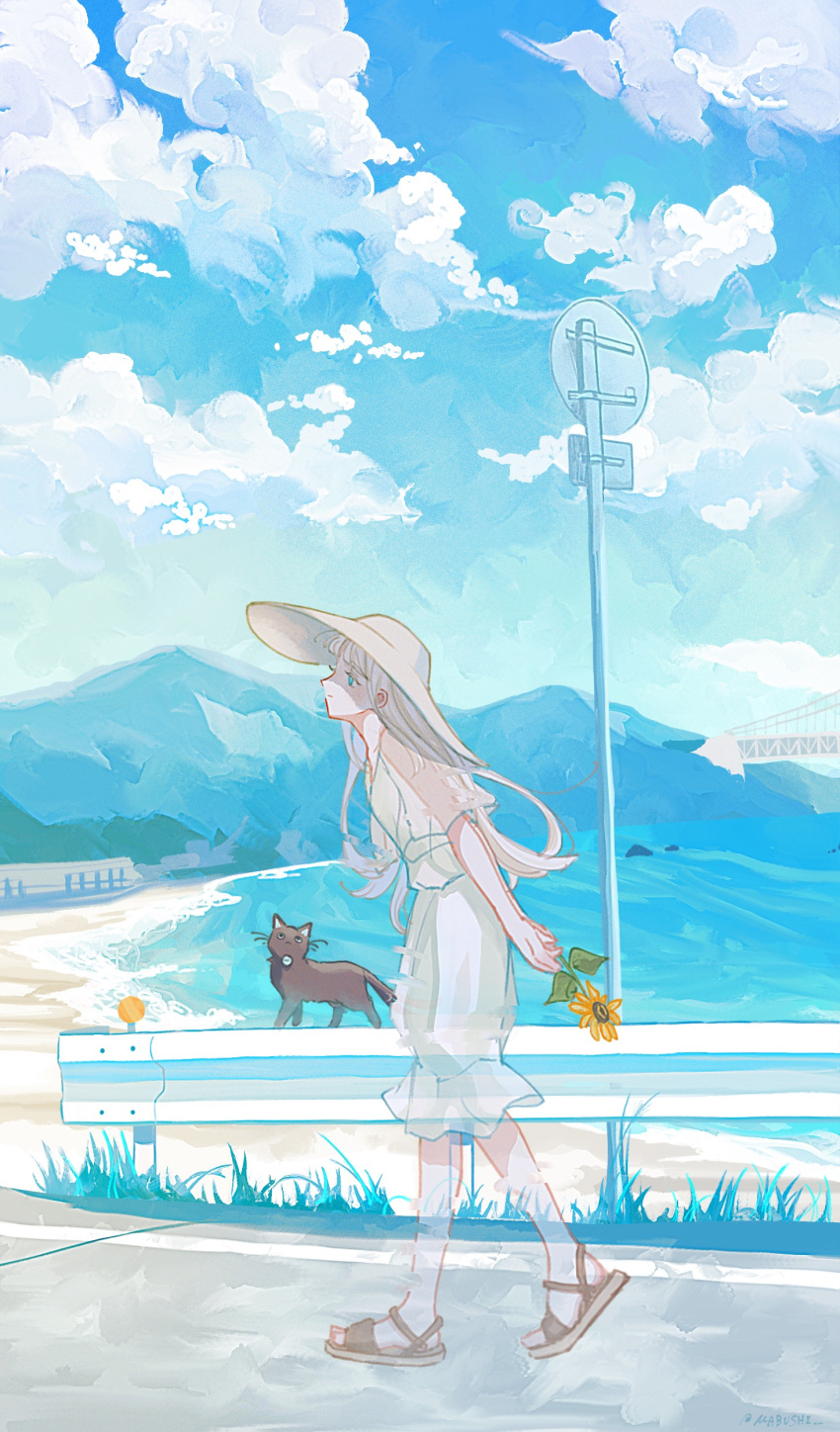 1girl, absurdres, arms_behind_back, beach, black_cat, blue_eyes, blue_sky, blue_theme
