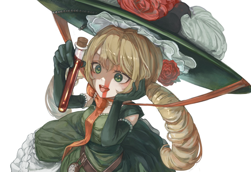 1girl, absurdres, ambiguous_red_liquid, amused, belt, blonde_hair, bow, bowtie