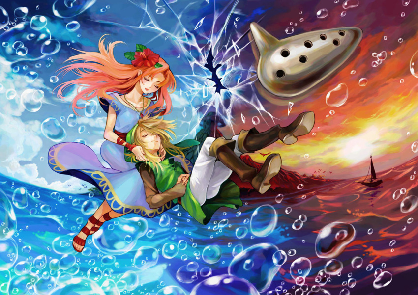 1boy, 1girl, antique_(artist), blonde_hair, blue_dress, boat, boots, closed_eyes