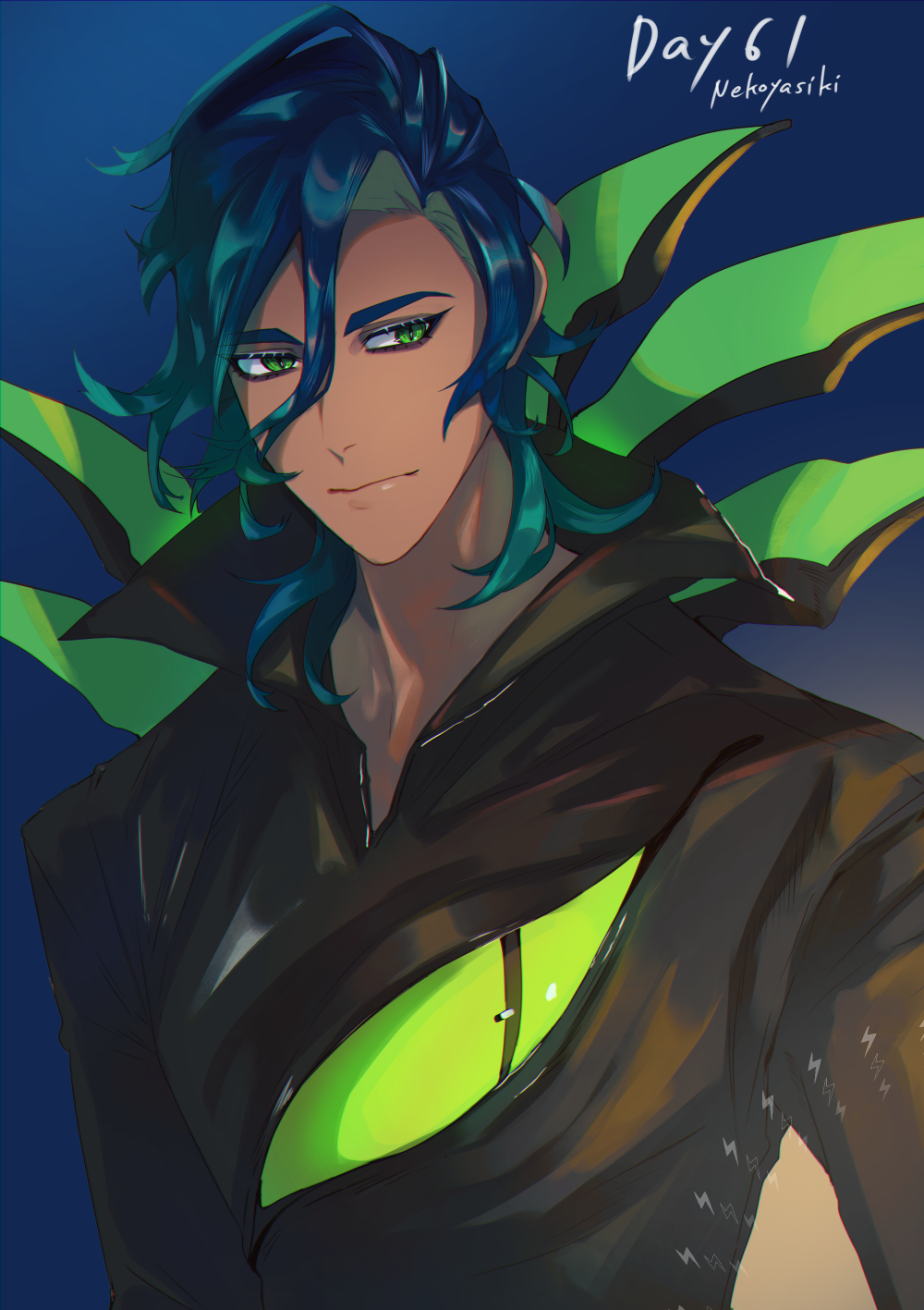 1other, abyss_monarch_cookie, aqua_hair, artist_name, blue_hair, closed_mouth, cookie_run, dark_blue_hair
