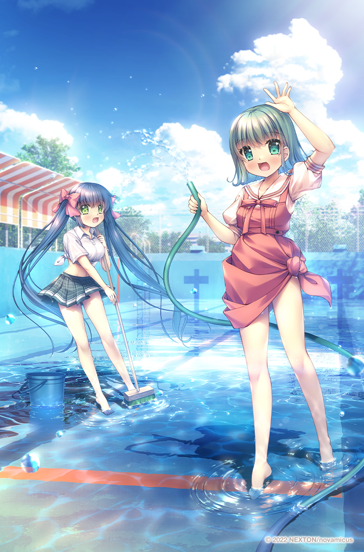 2girls, arm_up, barefoot, blue_hair, blue_sky, blush, bow, cleaning