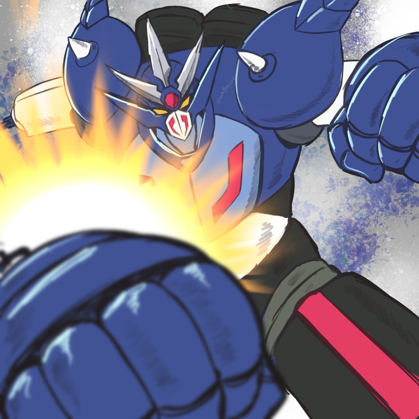 abstract_background, anniversary, armor, black_armor, blue_armor, disembodied_limb, facing_viewer, getter_robo, highres, incoming_attack, incoming_punch, mecha, multicolored_armor, mura9mo, neo_getter-1, no_humans, punching, robot, rocket_punch, science_fiction, shin_getter_robo_vs_neo_getter_robo, shoulder_spikes, spikes, super_robot, yellow_eyes