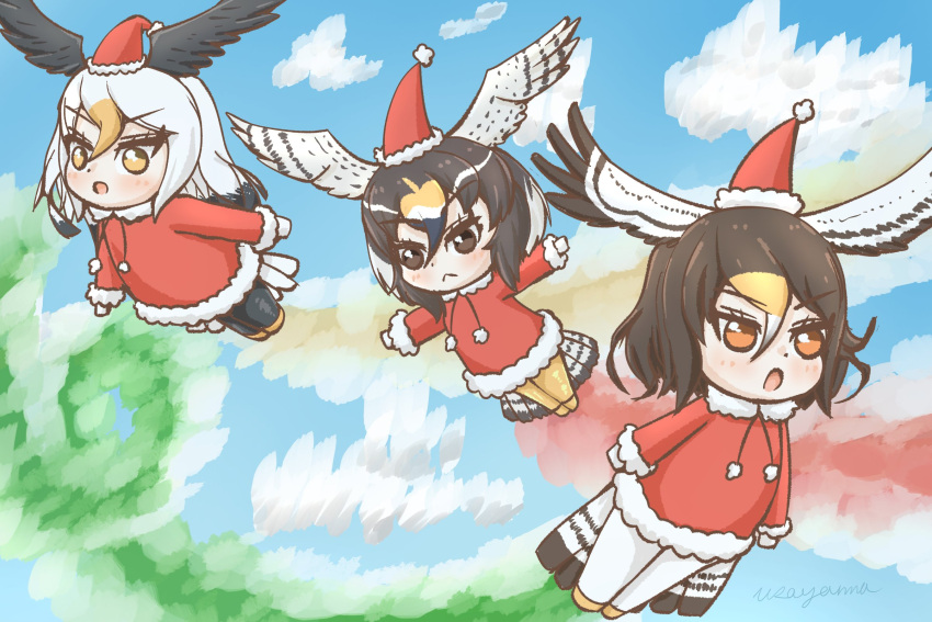 3girls, alternate_costume, bald_eagle_(kemono_friends), bird_girl, bird_wings, black_hair, black_pantyhose, blonde_hair, blush, brown_eyes, brown_hair, bubo_picta, flying, hair_between_eyes, hat, head_wings, highres, kemono_friends, long_hair, matching_outfits, multicolored_hair, multiple_girls, northern_goshawk_(kemono_friends), open_mouth, orange_eyes, panties, pantyhose, peregrine_falcon_(kemono_friends), santa_costume, santa_hat, short_hair, sidelocks, underwear, white_hair, white_panties, wings, yellow_footwear, yellow_pantyhose