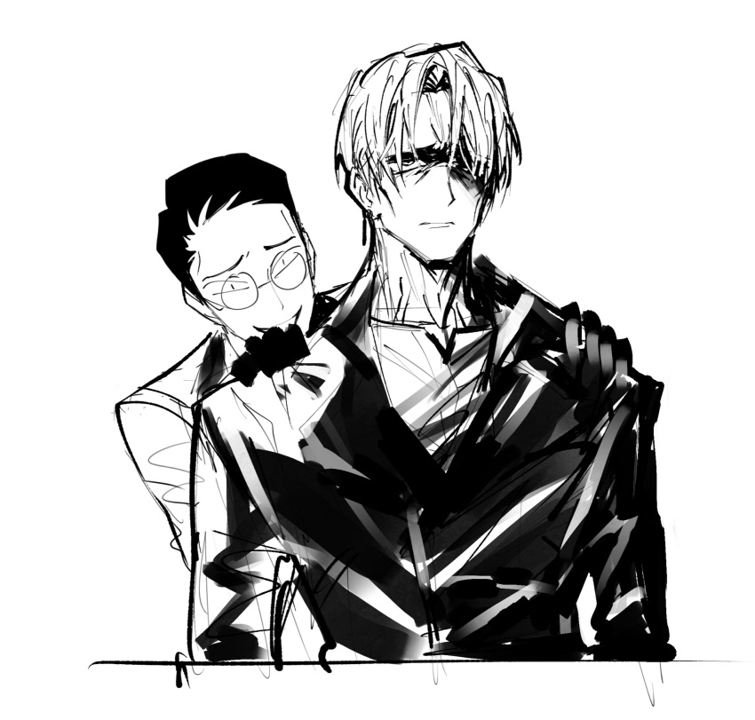2boys, annoyed, closed_mouth, earrings, glasses, greyscale, grin, gubo_(project_moon)