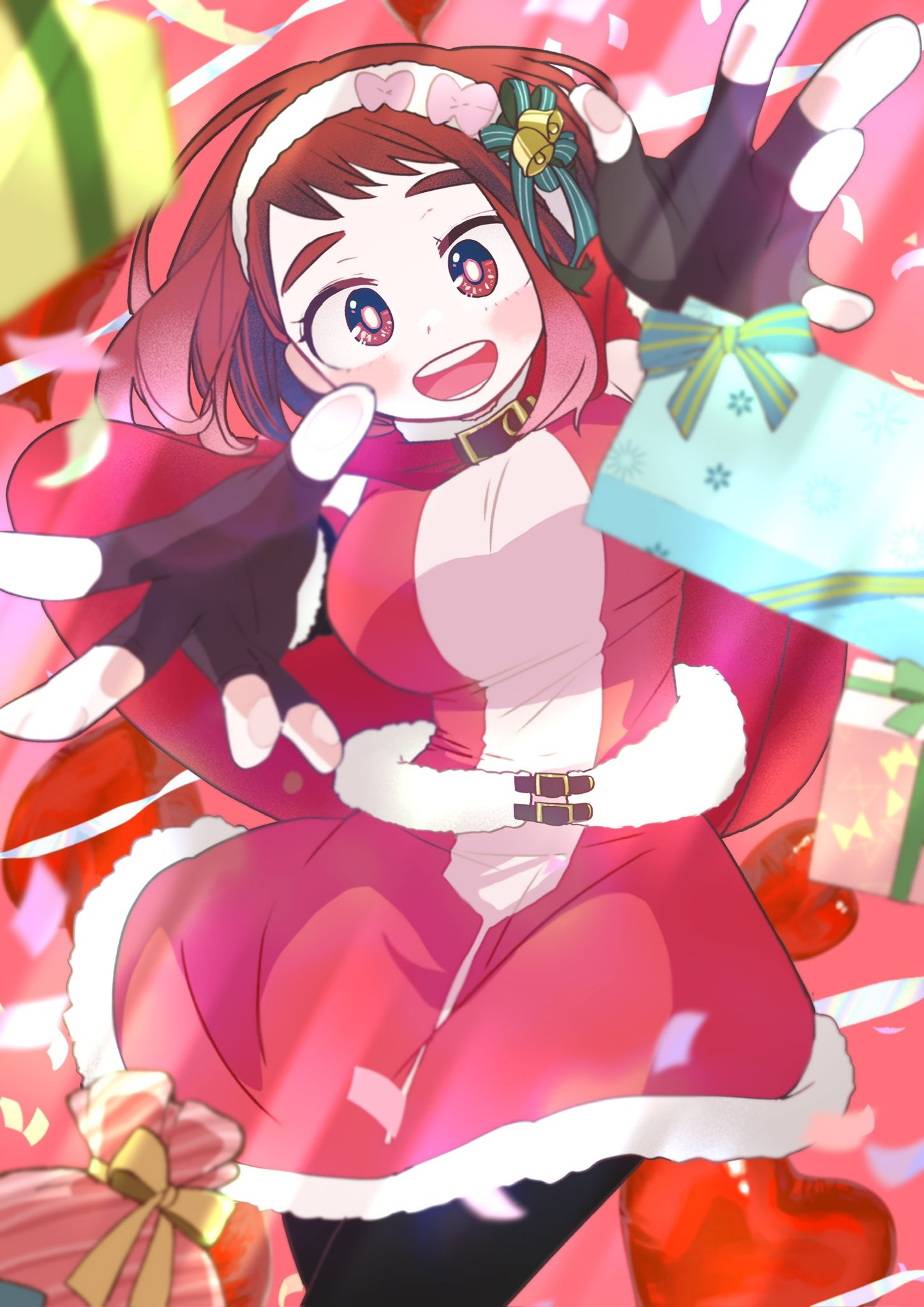 1girl, bell, black_gloves, black_leggings, blush, boku_no_hero_academia, breasts, brown_eyes