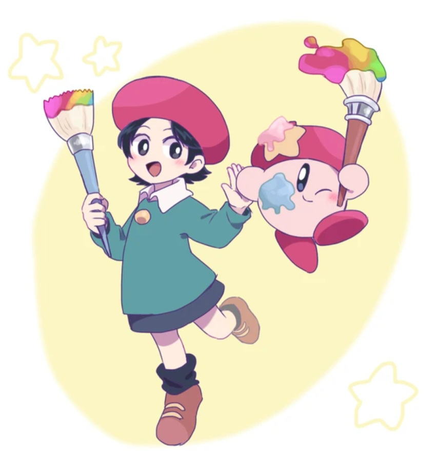 1girl, 1other, adeleine, beret, black_eyes, black_hair, blue_eyes, blush