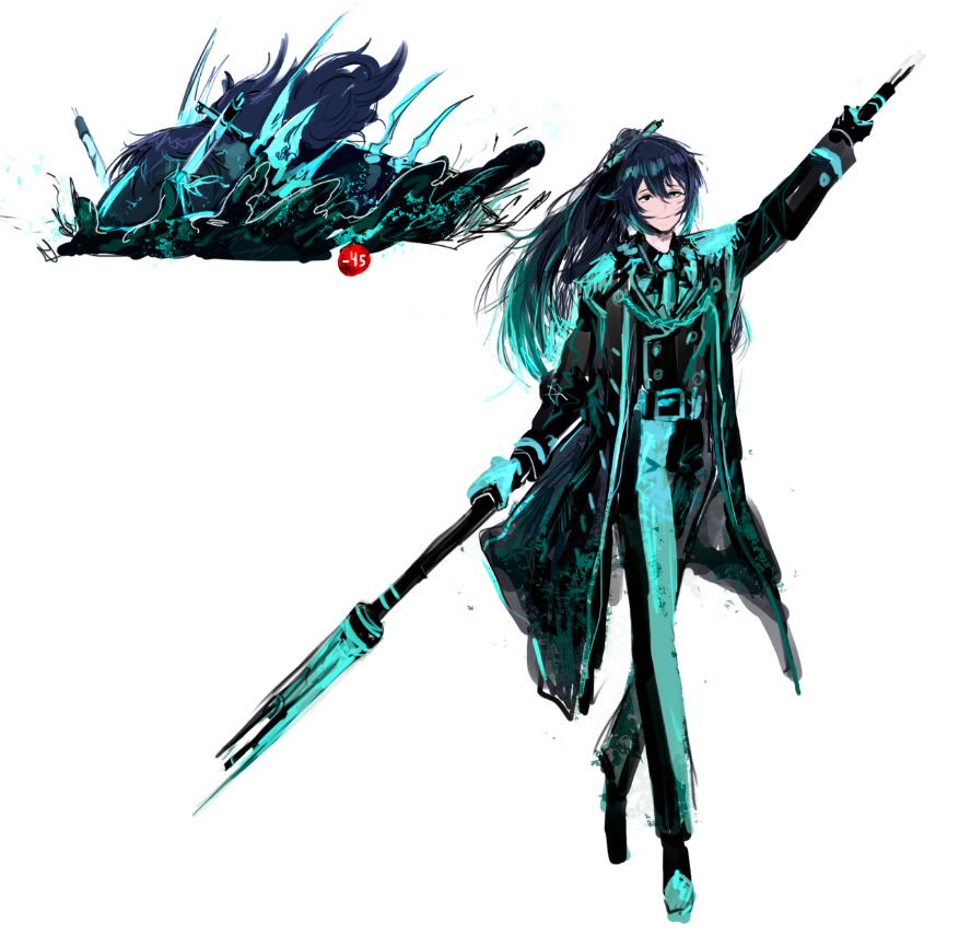 1boy, aqua_necktie, black_coat, black_hair, black_pants, black_shirt, black_vest, breasts
