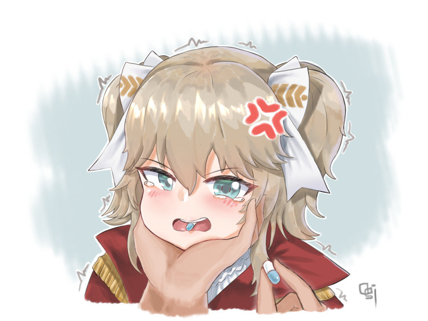 1girl, ^^^, anger_vein, blue_background, blue_eyes, blush, bow, cape, commentary_request, dress, english_commentary, enhancement_capsule_(girls'_frontline), epaulettes, feeding, force-feeding, frills, gameplay_mechanics, girls_frontline, grabbing_another's_chin, hair_between_eyes, hair_bow, hand_on_another's_chin, highres, holding, holding_pill, korean_commentary, light_brown_hair, looking_at_viewer, mixed-language_commentary, obsi, open_mouth, pill_in_mouth, pov, pov_hands, red_cape, short_hair, short_twintails, signature, simple_background, solo_focus, tearing_up, tears, teeth, tongue, twintails, upper_body, upper_teeth_only, webley_(girls'_frontline), white_bow, white_dress