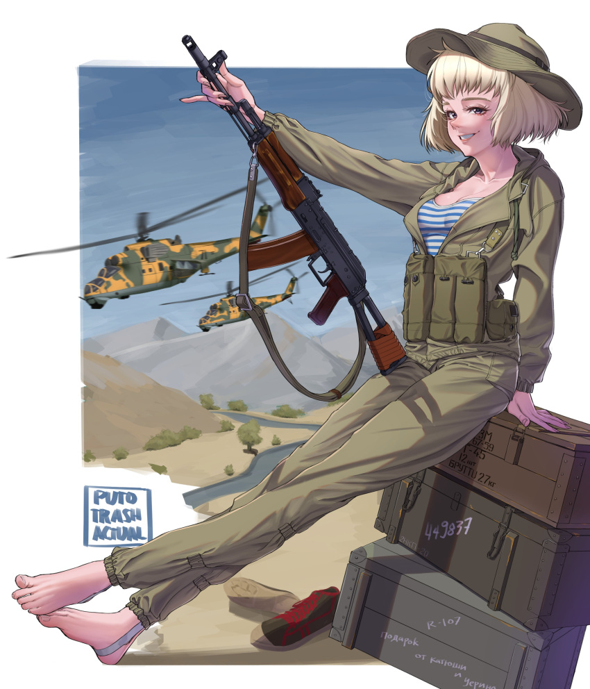 1girl, absurdres, aircraft, ak-74, assault_rifle, barefoot, blonde_hair, breasts, camouflage, feet, green_jacket, green_pants, gun, helicopter, highres, jacket, kalashnikov_rifle, mi-24, military_uniform, open_clothes, open_jacket, original, pants, puto_trash, rifle, shirt, shoes, smile, solo, soviet_army, striped, striped_shirt, telnyashka, toes, uniform, unworn_shoes, war_in_afghanistan, weapon