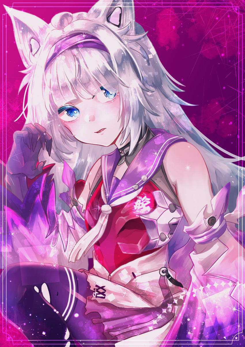 1girl, ahoge, alternate_costume, animal_ears, bare_shoulders, black_pantyhose, blue_eyes, claws