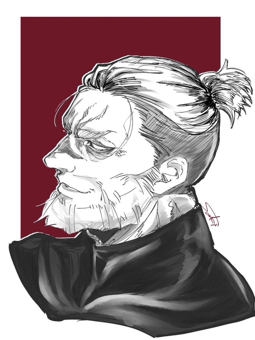 1boy, beard, cropped_shoulders, facial_hair, greyscale_with_colored_background, high_ponytail, highres, leonidas_(shuumatsu_no_valkyrie), looking_ahead, male_focus, mature_male, multicolored_hair, old, old_man, scar, shuumatsu_no_valkyrie, simple_background, smirk, solo, souki1203, thick_beard, thick_eyebrows, tsurime, two-tone_background, two-tone_hair, undercut, wrinkled_skin