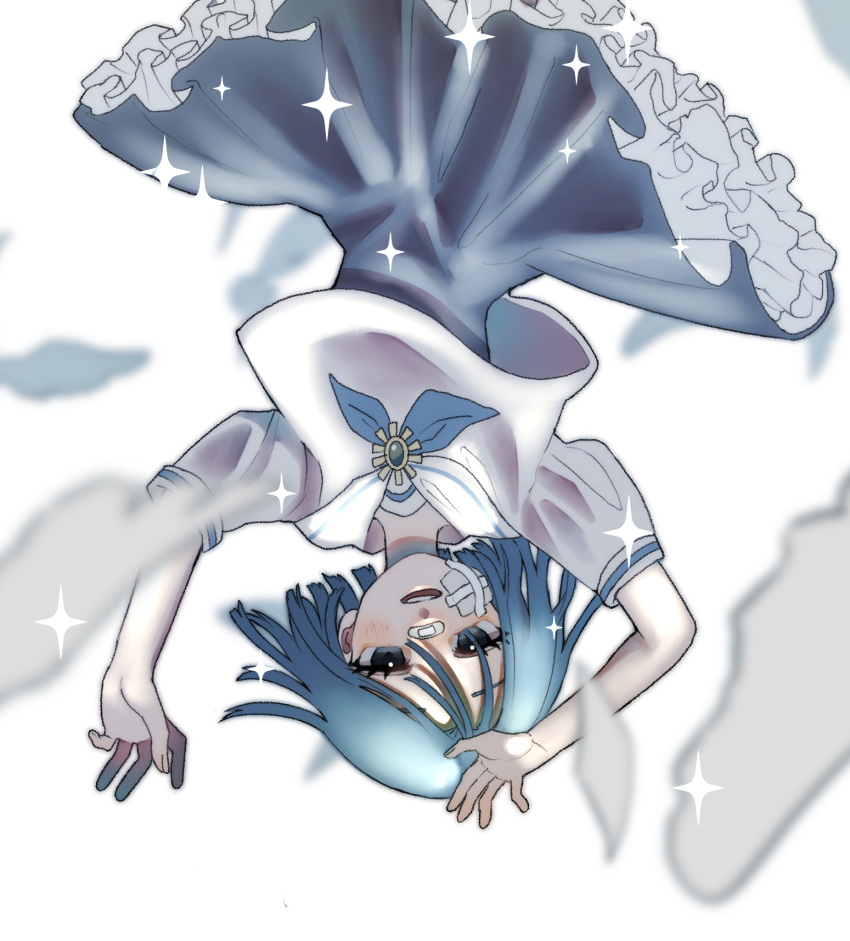 1girl, ado_(utaite), akuru-chan, bandaid, bandaid_on_face, blue_brooch, blue_eyes, blue_hair, blue_neckerchief, blue_skirt, blurry, blurry_foreground, blush, cloud_nine_inc, commentary, eien_no_akuru_hi, falling, falling_feathers, highres, looking_at_viewer, neckerchief, open_mouth, puffy_short_sleeves, puffy_sleeves, sailor_collar, shirt, short_hair, short_sleeves, simple_background, skirt, solo, sparkle, starhamu, teeth, upper_teeth_only, white_background, white_sailor_collar, white_shirt