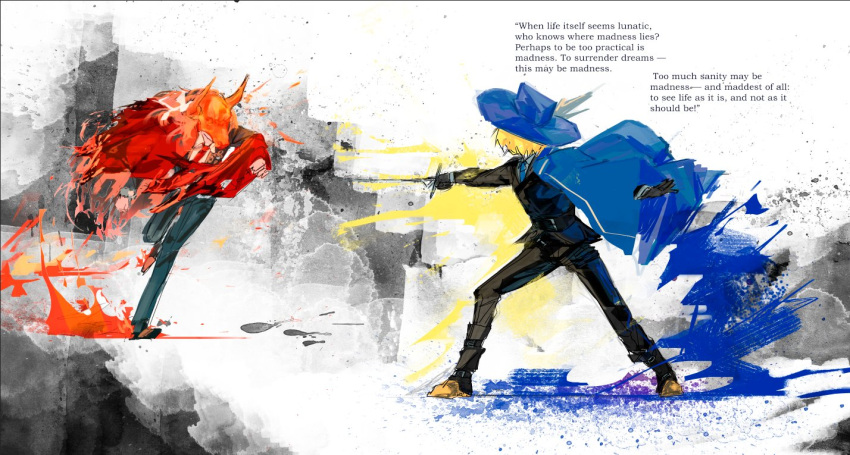 2girls, black_jacket, blue_cape, blue_headwear, bow, cape, cow_horns, don_quixote_(project_moon), e.g.o_(project_moon), fire, hair_bow, hat, holding, holding_sword, holding_weapon, horns, ishmael_(project_moon), jacket, limbus_company, long_hair, multiple_girls, orange_hair, project_moon, rapier, red_cape, running, schtiglez, sword, very_long_hair, weapon, white_background, white_bow