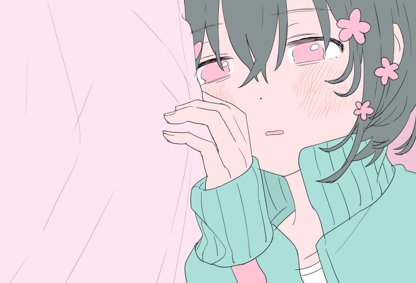 1girl, aqua_jacket, bed_sheet, blush, bow, flat_color, flower, green_hair
