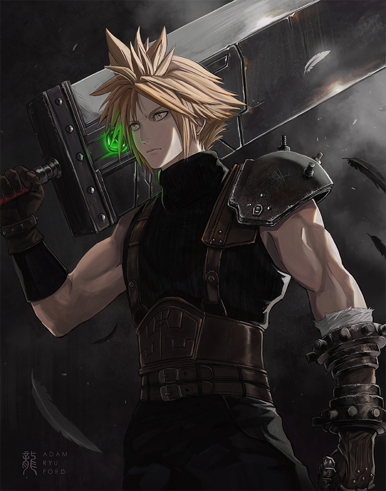 1boy, adam_ryu_ford, armor, artist_name, blonde_hair, blue_eyes, buster_sword, closed_mouth