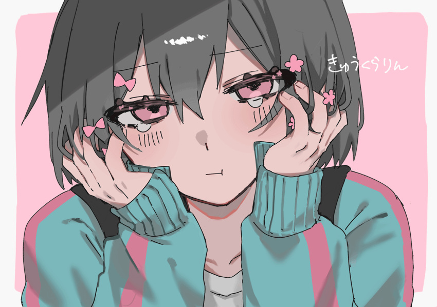 1girl, aqua_jacket, black_hair, border, bow, flower, hair_bow, hair_flower